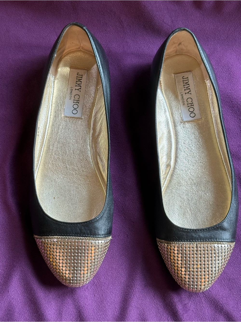 Jimmy Choo Black Leather Ballet Flats with Gold Crystal Cap Toe